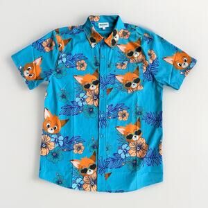 ROODY Fox Print Hawaiian Shirt Men's Size Large Short Sleeve Casual Vacation